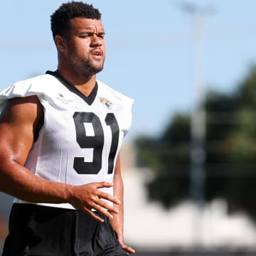 Jul 24, 2024; Jacksonville, FL, USA; Jacksonville Jaguars defensive end Arik Armstead (91) participates in training camp at Miller Electric Center. Mandatory Credit: Nathan Ray Seebeck-USA TODAY Sports