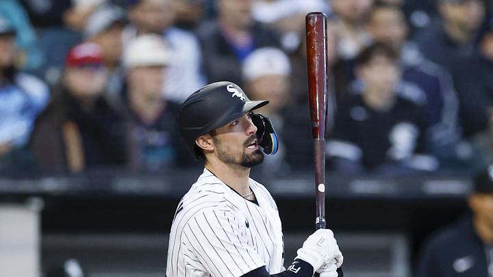 May 14, 2026; Chicago, Illinois, USA; Chicago White Sox left fielder Randal Grichuk (34) hits a two-run single against the Kansas City Royals during the third inning at Rate Field. Mandatory Credit: Kamil Krzaczynski-Imagn Images