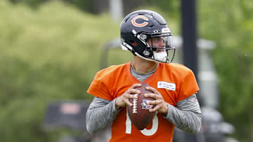 Jun 3, 2025; Lake Forest, IL, USA; Chicago Bears quarterback Caleb Williams (18) looks to pass the ball during minicamp at Halas Hall. Mandatory Credit: Kamil Krzaczynski-Imagn Images