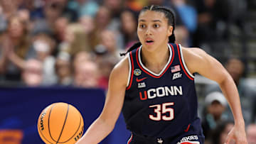 Apr 6, 2025; Tampa, FL, USA; Connecticut Huskies guard Azzi Fudd (35) dribbles the ball against the South Carolina Gamecocks during the first half of the national championship of the women's 2025 NCAA tournament at Amalie Arena. Mandatory Credit: Nathan Ray Seebeck-Imagn Images