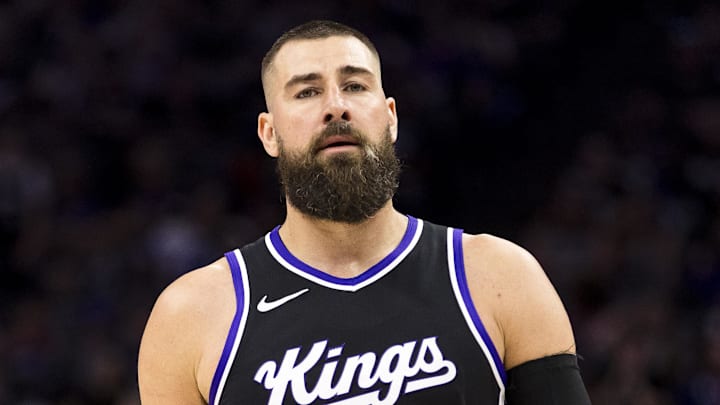 Apr 13, 2025; Sacramento, California, USA;  Sacramento Kings center Jonas Valanciunas (17) walks down the court during the fourth quarter against the Phoenix Suns  at Golden 1 Center. Mandatory Credit: John Hefti-Imagn Images