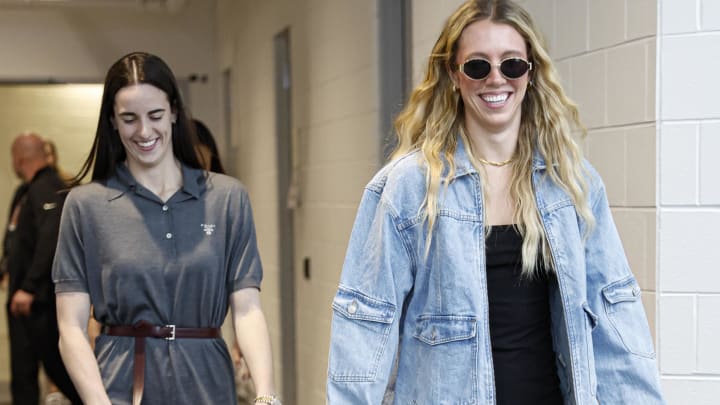 Jun 23, 2024; Chicago, Illinois, USA; Indiana Fever guard Lexie Hull (R) and guard Caitlin Clark (L) arrive at Wintrust Arena before a basketball game against the Chicago Sky. Mandatory Credit: Kamil Krzaczynski-USA TODAY Sports