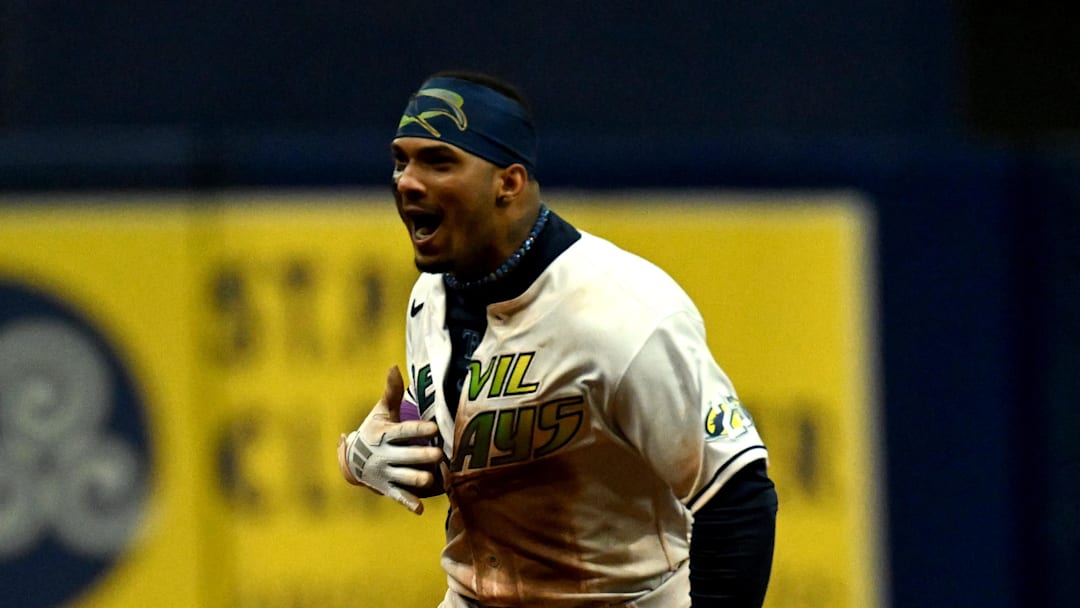 Tampa Bay Rays shortstop Wander Franco (5) reacts after hitting a walk off home run in the ninth inning against the Cleveland Guardians at Tropicana Field in 2023.
