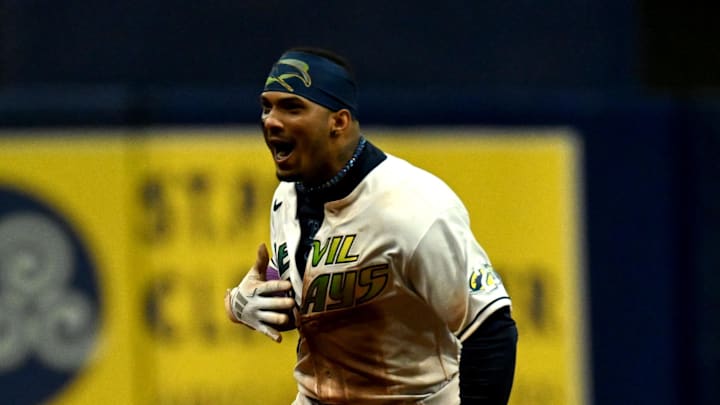 Tampa Bay Rays shortstop Wander Franco (5) reacts after hitting a walk off home run in the ninth inning against the Cleveland Guardians at Tropicana Field in 2023. Tampa Bay Rays shortstop Wander Franco (5) reacts after hitting a walk off home run in the ninth inning against the Cleveland Guardians at Tropicana Field in 2023.