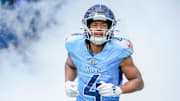 Tennessee Titans wide receiver Tyler Lockett (4) takes the field before the game against the against the Los Angeles Rams at Nissan Stadium in Nashville, Tenn., Sunday, Sept. 14, 2025.