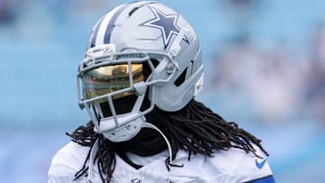 Oct 12, 2025; Charlotte, North Carolina, USA; Dallas Cowboys cornerback Trevon Diggs (7) warms up before the game against the Carolina Panthers at Bank of America Stadium.