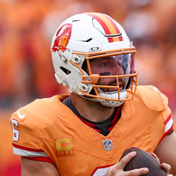 Tampa Bay Buccaneers quarterback Baker Mayfield drops back to pass against the Atlanta Falcons.