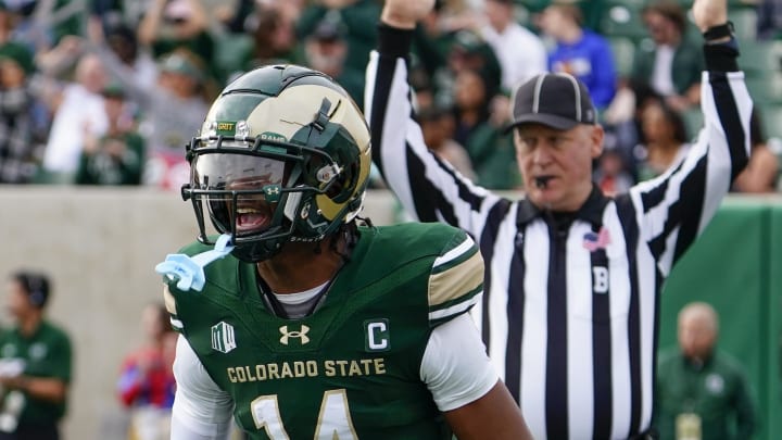 Nov 18, 2023; Fort Collins, Colorado, USA;  Colorado State Rams wide receiver Tory Horton (14) celebrates his touchdown at Sonny Lubick Field at Canvas Stadium. Mandatory Credit: Michael Madrid-USA TODAY Sports