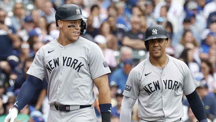 New York Yankees outfielder Aaron Judge and outfielder Juan Soto celebrate after scoring against the Chicago Cubs during the third inning of a September 6 game at Wrigley Field. New York Yankees outfielder Aaron Judge and outfielder Juan Soto celebrate after scoring against the Chicago Cubs during the third inning of a September 6 game at Wrigley Field.