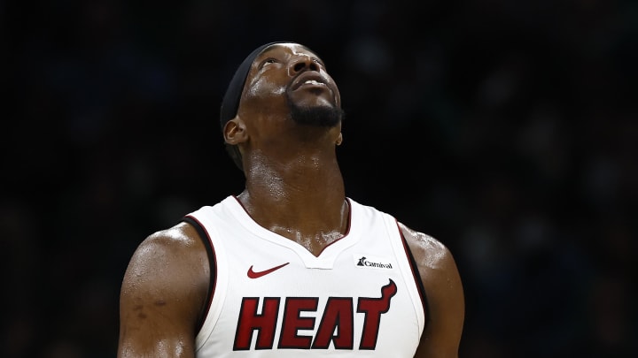 May 1, 2024; Boston, Massachusetts, USA; Miami Heat center Bam Adebayo (13) looks towards the scoreboard as he heads up court during the third quarter of game five of the first round of the 2024 NBA playoffs against the Boston Celtics at TD Garden. Mandatory Credit: Winslow Townson-USA TODAY Sports