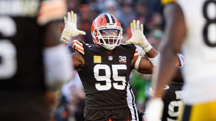 Nov 19, 2023; Cleveland, Ohio, USA; Cleveland Browns defensive end Myles Garrett (95) celebrates during the fourth quarter against the Pittsburgh Steelers at Cleveland Browns Stadium. Mandatory Credit: Scott Galvin-USA TODAY Sports