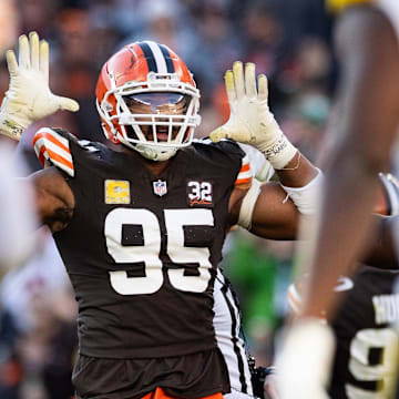 Nov 19, 2023; Cleveland, Ohio, USA; Cleveland Browns defensive end Myles Garrett (95) celebrates during the fourth quarter against the Pittsburgh Steelers at Cleveland Browns Stadium. Mandatory Credit: Scott Galvin-Imagn Images