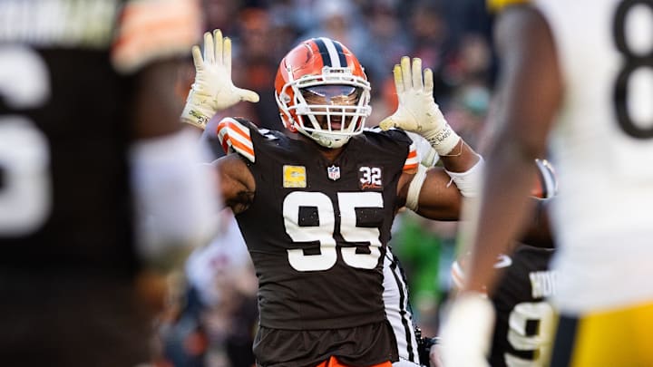 Nov 19, 2023; Cleveland, Ohio, USA; Cleveland Browns defensive end Myles Garrett (95) celebrates during the fourth quarter against the Pittsburgh Steelers at Cleveland Browns Stadium. Mandatory Credit: Scott Galvin-Imagn Images