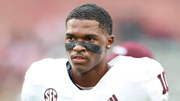 Oct 18, 2025; Fayetteville, Arkansas, USA; Texas A&M Aggies quarterback Marcel Reed (10) prior to the game against the Arkansas Razorbacks at Donald W. Reynolds Razorback Stadium. Mandatory Credit: Nelson Chenault-Imagn Images