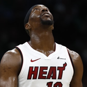 May 1, 2024; Boston, Massachusetts, USA; Miami Heat center Bam Adebayo (13) looks towards the scoreboard as he heads up court during the third quarter of game five of the first round of the 2024 NBA playoffs against the Boston Celtics at TD Garden. Mandatory Credit: Winslow Townson-USA TODAY Sports