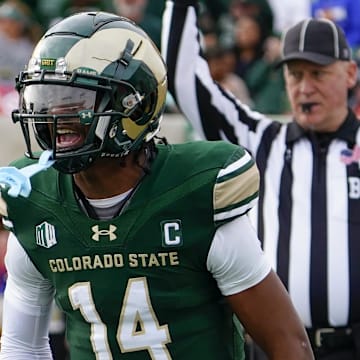 Nov 18, 2023; Fort Collins, Colorado, USA; Colorado State Rams wide receiver Tory Horton (14) celebrates his touchdown at Sonny Lubick Field at Canvas Stadium.