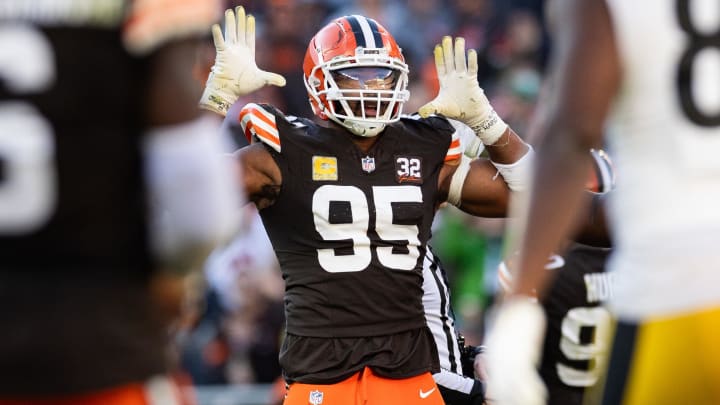 Nov 19, 2023; Cleveland, Ohio, USA; Cleveland Browns defensive end Myles Garrett (95) celebrates during the fourth quarter against the Pittsburgh Steelers at Cleveland Browns Stadium. Mandatory Credit: Scott Galvin-USA TODAY Sports