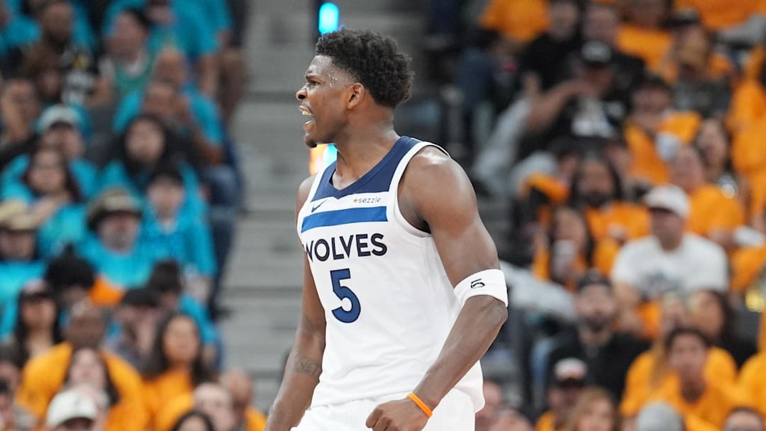 May 4, 2026; San Antonio, Texas, USA; Minnesota Timberwolves guard Anthony Edwards (5) reacts in the second half against the San Antonio Spurs during game one of the second round of the 2026 NBA Playoffs at Frost Bank Center. Mandatory Credit: Daniel Dunn-Imagn Images