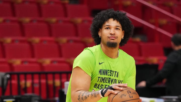 Dec 18, 2023; Miami, Florida, USA; Minnesota Timberwolves guard Daishen Nix warms up prior to the game against the Miami Heat at Kaseya Center. Mandatory Credit: Jasen Vinlove-USA TODAY Sports