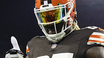 Nov 21, 2024; Cleveland, Ohio, USA; Cleveland Browns tight end David Njoku (85) gives a thumbs up to fans on the sideline during warm ups before the game against the Pittsburgh Steelers at Huntington Bank Field Stadium. Mandatory Credit: Scott Galvin-Imagn Images
