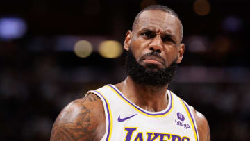 Apr 20, 2024; Denver, Colorado, USA; Los Angeles Lakers forward LeBron James (23) reacts during the