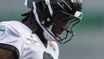 Jul 25, 2025; Jacksonville, FL, USA; Jacksonville Jaguars linebacker Devin Lloyd (0) participates in training camp at Miller Electric Center. Mandatory Credit: Nathan Ray Seebeck-Imagn Images