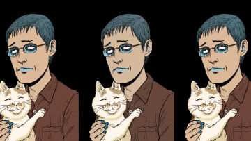 A self-portrait of Junji Ito with a cat.