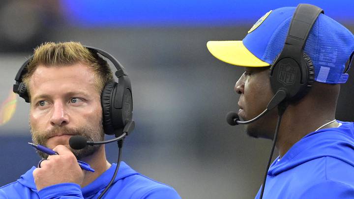 Los Angeles Rams head coach Sean McVay stands next to defensive coordinator Raheem Morris. Mandatory Credit: Jayne Kamin-Oncea-Imagn Images