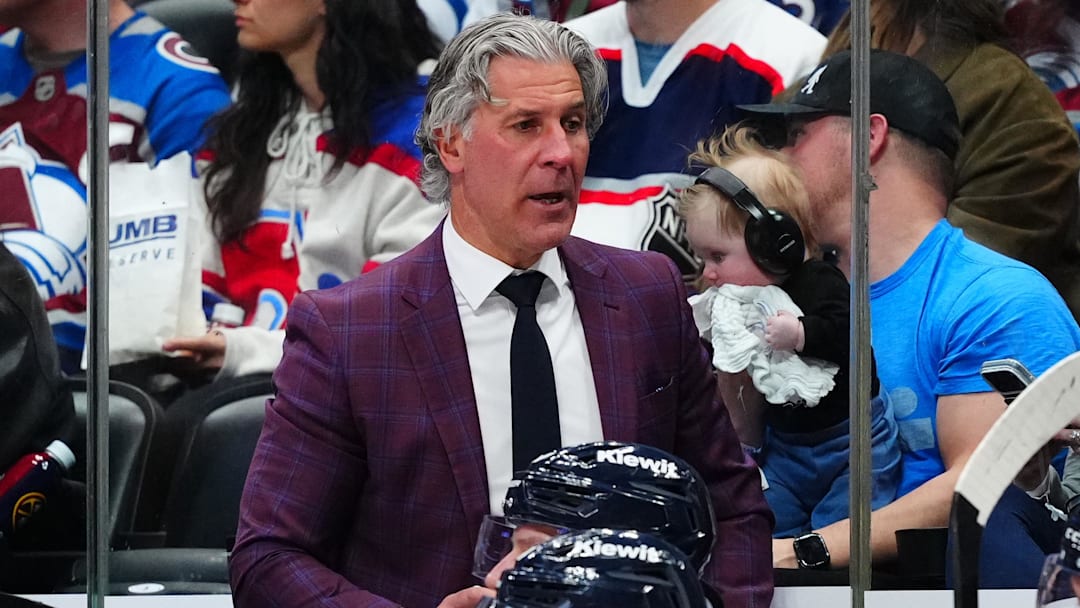 Feb 28, 2026; Denver, Colorado, USA; Colorado Avalanche head coach Jared Bednar on the bench in the third period against the Chicago Blackhawks at Ball Arena. Mandatory Credit: Ron Chenoy-Imagn Images