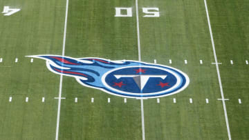 Jan 22, 2022; Nashville, Tennessee, USA; A detailed view of the Tennessee Titans logo at midfield.