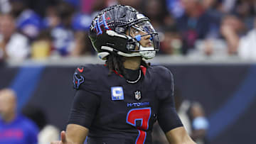 Oct 6, 2024; Houston, Texas, USA; Houston Texans quarterback C.J. Stroud (7) reacts after a play during the third quarter against the Buffalo Bills at NRG Stadium. Mandatory Credit: Troy Taormina-Imagn Images