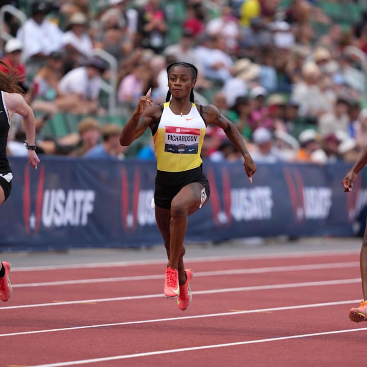 Sha'Carri Richardson runs in a women's 100m heat during the USATF Championships at Hayward Field. 