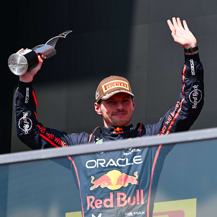 Red Bull Racing driver Max Verstappen reacts after receiving his trophy at the F1 Canadian Grand Prix at Circuit Gilles-Ville