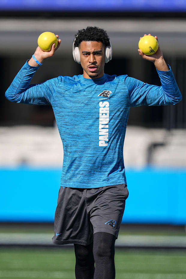 Carolina Panthers quarterback Bryce Young during pregame warmups against the Kansas City Chiefs