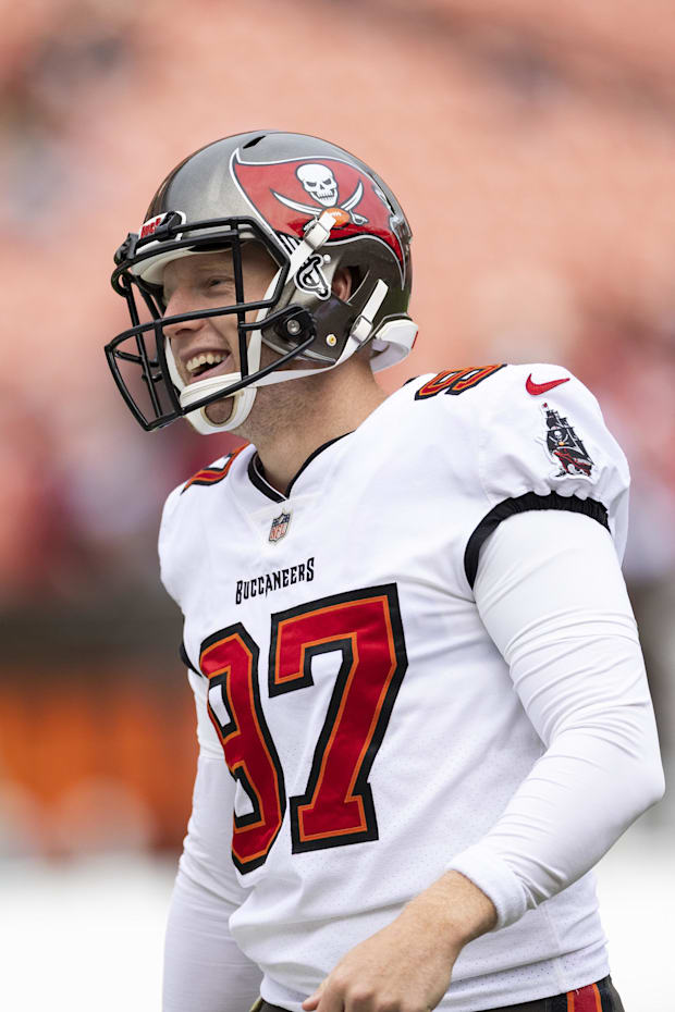 Tampa Bay Buccaneers long snapper Zach Triner (97) laughs during warmups
