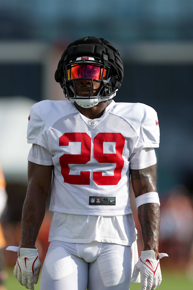 Tampa Bay Buccaneers safety Christian Izien participates in training camp at AdventHealth Training Center