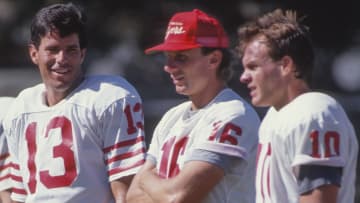 San Francisco 49ers quarterbacks Steve Bono (L) and Joe Montana (C) and punter Klaus Wilmsmeyer (R)