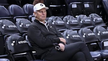 Apr 2, 2024; Salt Lake City, Utah, USA; Utah Jazz CEO Danny Ainge looks on before the game against the Cleveland Cavaliers at Delta Center. Mandatory Credit: Rob Gray-Imagn Images