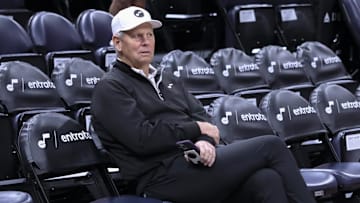 Apr 2, 2024; Salt Lake City, Utah, USA; Utah Jazz CEO Danny Ainge looks on before the game against the Cleveland Cavaliers at Delta Center. Mandatory Credit: Rob Gray-Imagn Images