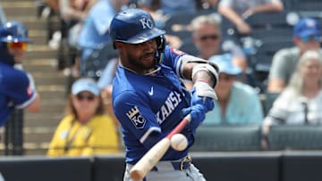 May 1, 2025; St. Petersburg, Florida, USA;  Kansas City Royals third base Maikel Garcia (11) hits an RBI single during the eighth inning against the Tampa Bay Rays at George M. Steinbrenner Field. Mandatory Credit: Kim Klement Neitzel-Imagn Images