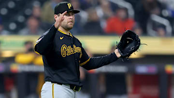 May 14, 2025; New York City, New York, USA; Pittsburgh Pirates relief pitcher David Bednar (51) reacts during the eighth inning against the New York Mets at Citi Field. Mandatory Credit: Brad Penner-Imagn Images
