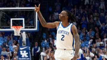 Kentucky Wildcats forward Aaron Bradshaw (2) celebrates his three pointer during their game against the Arkansas Razorbacks on Saturday, March 2, 2024 at Rupp Arena.