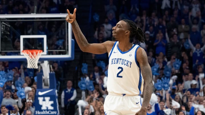 Kentucky Wildcats forward Aaron Bradshaw (2) celebrates his three pointer during their game against the Arkansas Razorbacks on Saturday, March 2, 2024 at Rupp Arena.