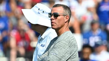 Jul 24, 2024; Rochester, NY, USA; Buffalo Bills general manager Brandon Beane looks on during training camp at St. John Fisher University