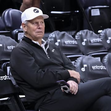 Apr 2, 2024; Salt Lake City, Utah, USA; Utah Jazz CEO Danny Ainge looks on before the game against the Cleveland Cavaliers at Delta Center. Mandatory Credit: Rob Gray-Imagn Images