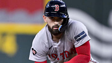 Boston Red Sox first baseman Connor Wong (12) in action during the game between the Texas Rangers and the Boston Red Sox at Globe Life Field.