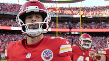 Nov 23, 2025; Kansas City, Missouri, USA; Kansas City Chiefs place kicker Harrison Butker (7) leaves the field after the game against the Indianapolis Colts at GEHA Field at Arrowhead Stadium.