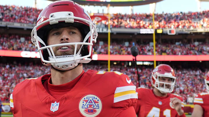 Nov 23, 2025; Kansas City, Missouri, USA; Kansas City Chiefs place kicker Harrison Butker (7) leaves the field after the game against the Indianapolis Colts at GEHA Field at Arrowhead Stadium.