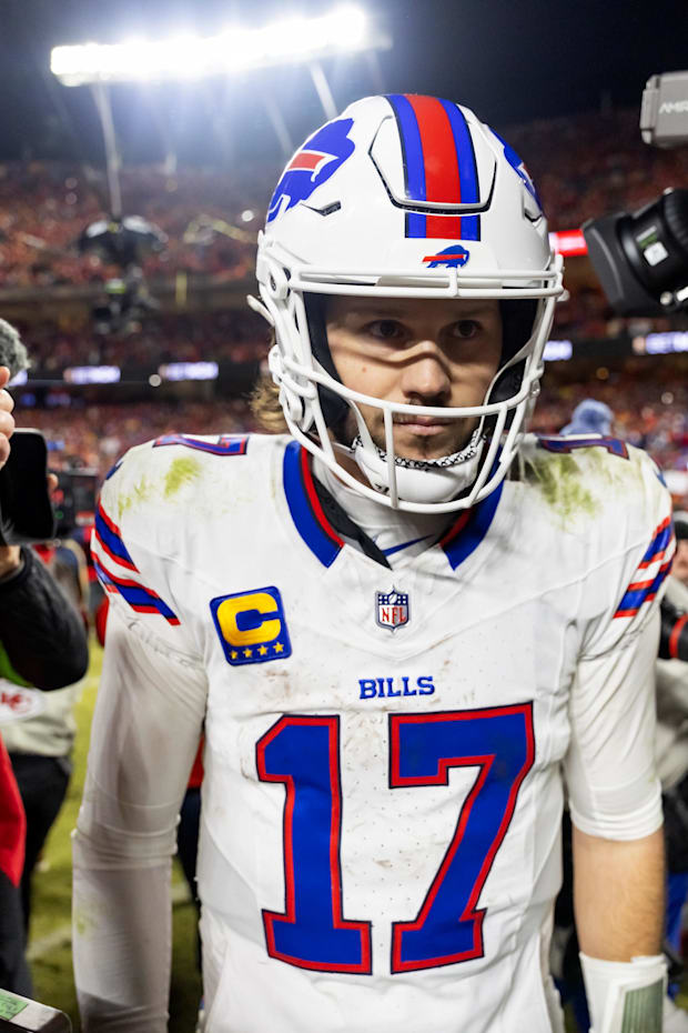 Buffalo Bills quarterback Josh Allen reacts as he walks off the field after losing to the Kansas City Chiefs