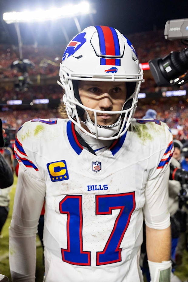 Buffalo Bills quarterback Josh Allen reacts as he walks off the field after losing to the Kansas City Chiefs